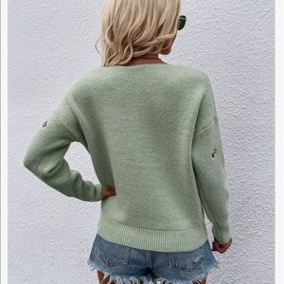 NEW Green V Neck Embroidered Ribbed Knit Pullover Sweater - Picture 4 of 10
